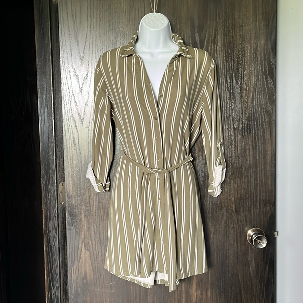 Olive green, vertical striped button up blouse, M by Stella Tweed